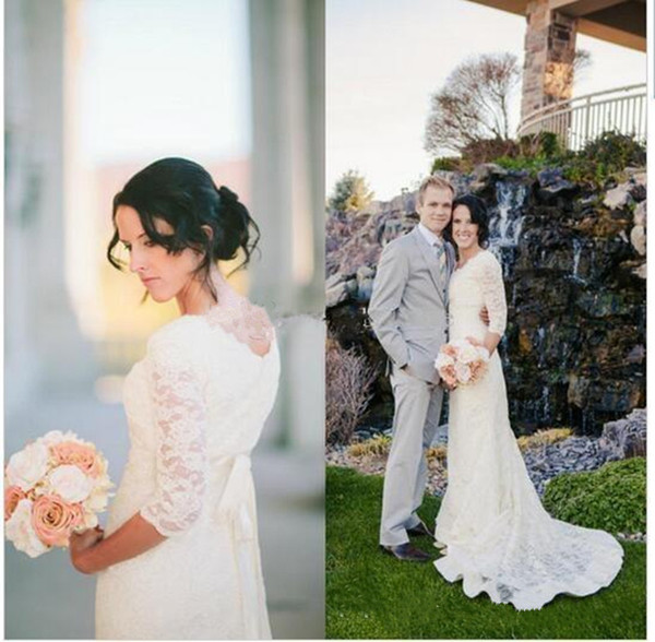 Vintage Lace Dress For Weddings Column Sweep Train Three Quarter Sleeves Garden Wedding Dress Bridal Gown Country Style Custom Made Ivory