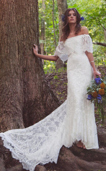 Boho Sheath Scalloped Lace Wedding Dress Off the Shoulder With Long Train Summer Mermaid Wedding Bridal Gowns robe de mariée