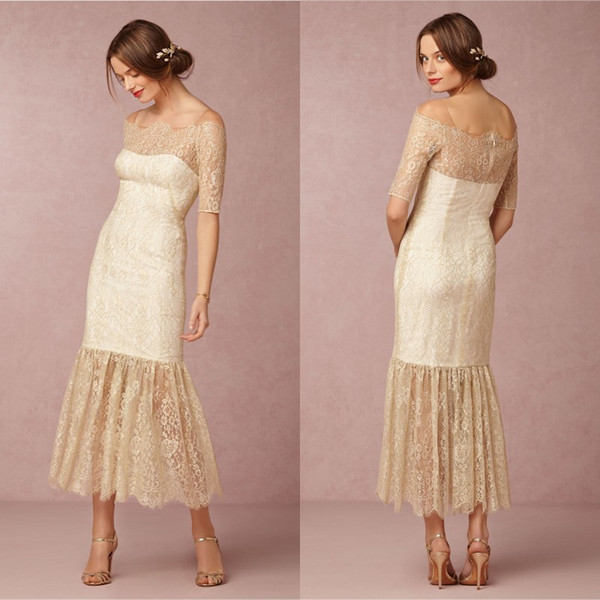 Bhldn 2015 Summer Beach Wedding Dresses Sheath Lace Half Sleeves Bridal Gowns With Off Shoulder and Back Zipper Tea Length Champange EN60623