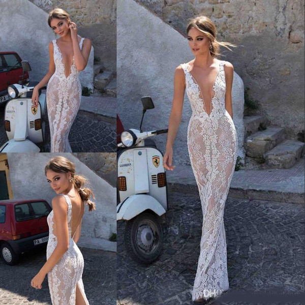 Berta Bohemian Backless Wedding Dresses Sheath Deep V Neck Lace Bridal Gowns Appliqued Vestido De Novia Wedding Dress