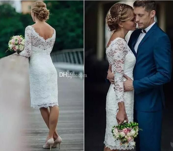 Charming Short Full Lace Wedding Dresses Long Sleeves Sheath Knee Length Country Beach Dress For Bridal Gowns Vestidos De Noiva Cheap