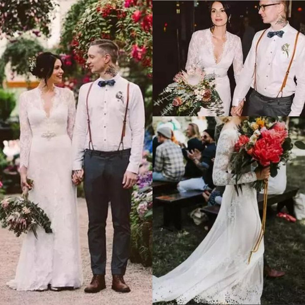 Sexy Boho Lace Sheath Wedding Dress Cheap Bohemia Long Sleeve Wedding Dresses with Belt Elegant V Neck Country Bridal Gowns