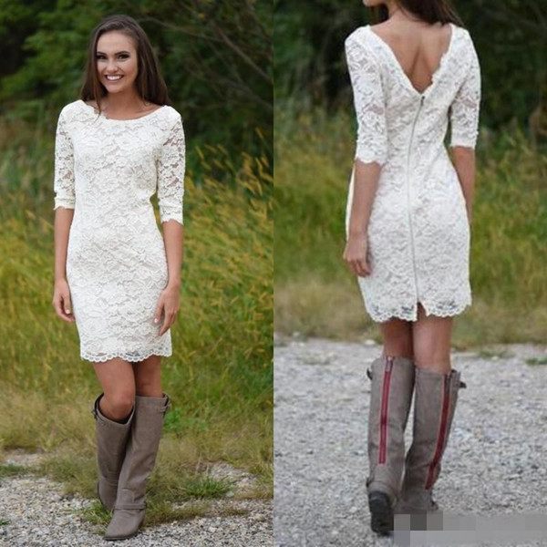 Short Lace Sheath Beach Country Wedding Dresses Cheap Scoop Half Sleeves Mini Wedding Party Gowns Custom Made beach Bridal Gowns