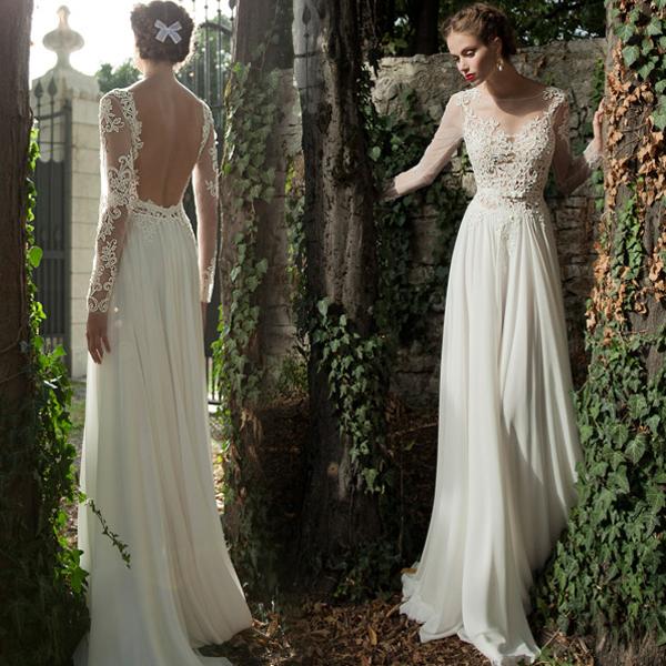 Illusion Long Sleeve Beach Lace Wedding Dresses 2017 Vintage Sheath Chiffon Open Back Floor Length Empire Garden Bridal Gowns Cheap