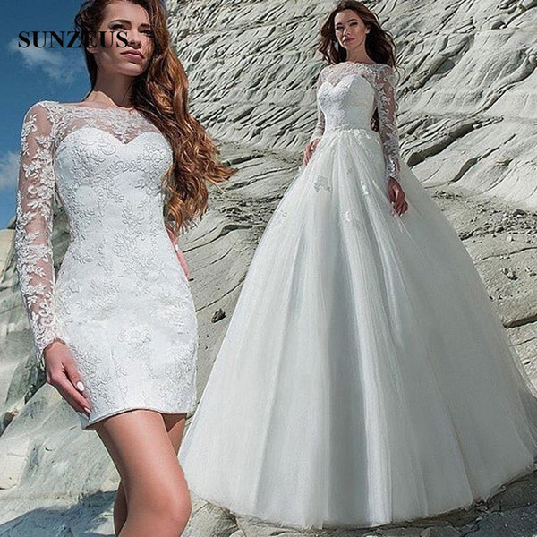 Long Sleeve Short Sheath Wedding Dress With Detachable Skirt Long Tulle Bridal Gowns Appliques Lace Elegant Women Bride Dress