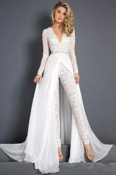 Fashionable Ladies Lace Chiffon Wedding Dress Jumpsuit With Train Sexy Deep V-Neck Beaded Crystals Bridal Gown Jumpsuits Beach Casual