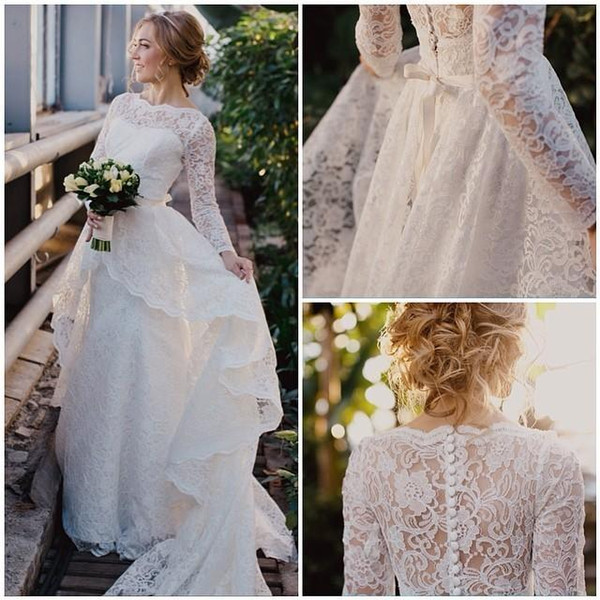 Vestidos De Noiva Spring Long Sleeves Lace Sheath Wedding Dresses Tiers Skirt Button Back Plus Size Bridal Gowns Custom Made Arabic