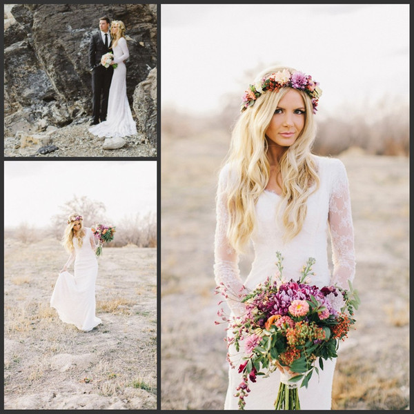 Bohemian Lace Long Sleeves Wedding Dresses Sweetheart Simple Beach Boho Bridal Wedding Gowns Sheath Plus Size Custom Made