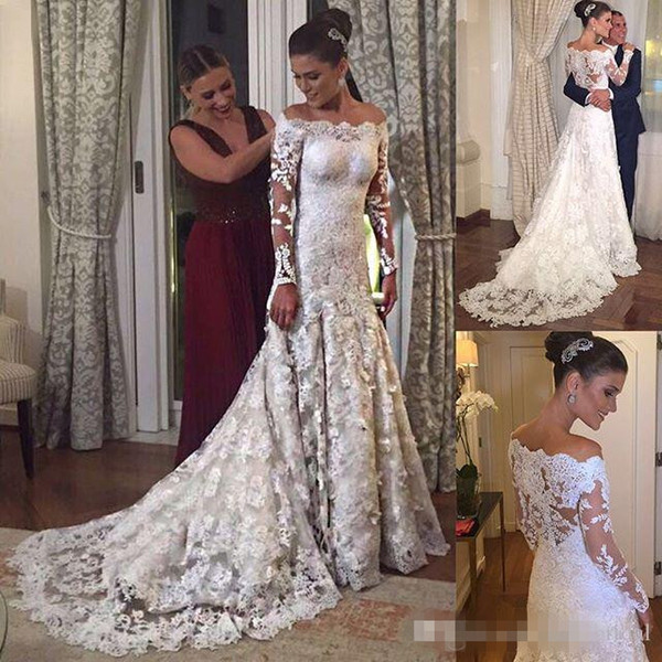 2017 Fall Winter Full Lace Sheath Wedding Dresses Off Shoulder Long Sleeves Appliques Plus Size Vintage Garden Country Bridal Wedding Gowns