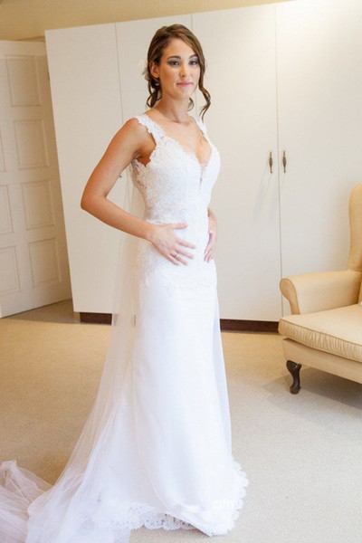 Generous v neck open back sexy wedding dresses cheap applique lace sleeveless sweep sheath wedding gowns
