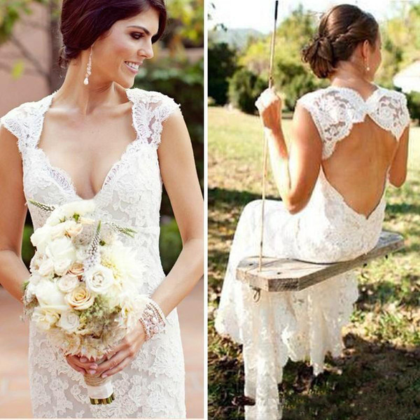Stylish White Full Lace Country Wedding Dresses Plus Size Fitted Open Back Long Bridal Gowns For Women Fun Slim Garden Beach Wedding Gown