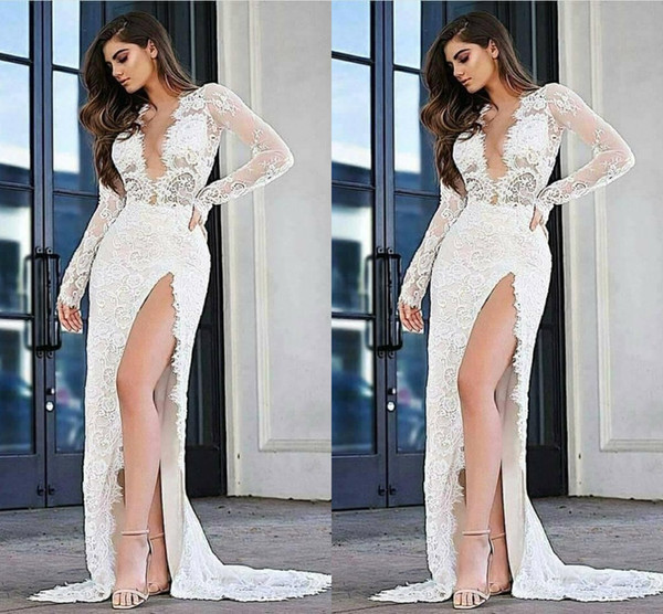 New Fashion Sexy High Side Split Sheath Wedding Dresses Full Lace Deep V Neck Long Sleeves Wedding Dress Bridal Gowns vestido de novia
