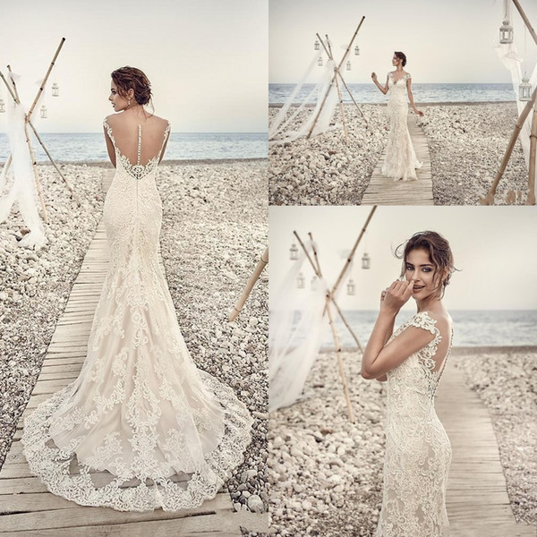 Modern Arabic Mermaid Sheath Wedding Dresses Illusion Cap Sleeves Court Train Lace Appliques Plus Size Sheer Back Formal Bridal Gowns