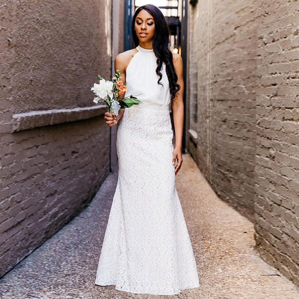 Simple Sheath Halter Beach Wedding Dresses Backless Floor Length Lace Skirt Bridal Gowns Country Robe De Mariee