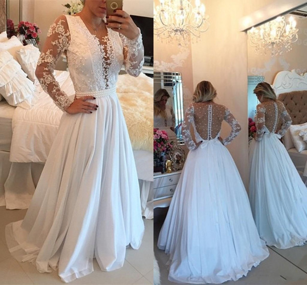 Charming White Chiffon Long Wedding Dresses With Pearl See-Through Long Sleeve Dresses Lace Sheath Simple Bridal Gown 
