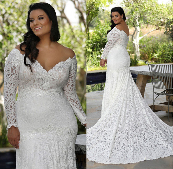 Long Sleeve Plus Size Mermaid Wedding Dresses Bridal Gowns Deep V Neck Court Train Country Style Lace Wedding Gown Bridal Dress