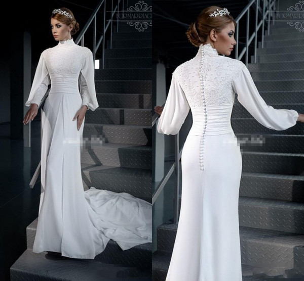 Vintage Muslim Sheath Wedding Dresses High Neck Long Sleeves White Chiffon Lace Plus Size Vestidos De Novia Garden Bridal Wedding Gowns