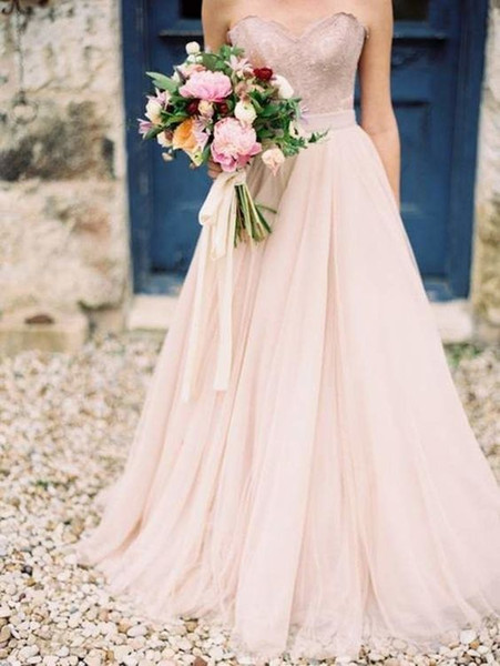 2017 A-line Blush Pink Wedding Dresses Sweetheart Tulle Appliqued Lace Bridal Gowns Country Dress For Brides