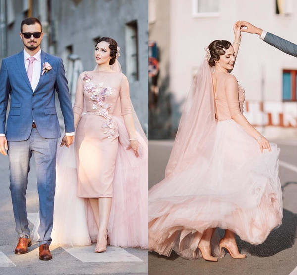 Vintage Wedding Dresses Bateau Neck 3/4 Long Sleeves Sheath Tulle Over Skirt Tea Length Dusty Pink Short Wedding Gowns