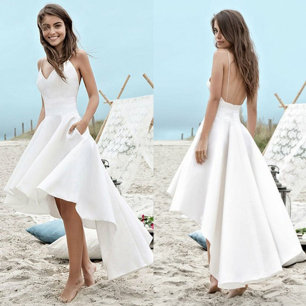 Women's Satin Spaghetti Strap Hi-Low Wedding Party Dress Elegant Satin Beach Wedding Dresses Hi-Low White Party Gowns