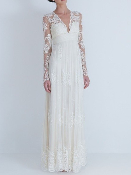 High Quality Floor Length Sheath Wedding Dresses Sexy V-neck Long Sleeves Illusion Bridal Dress Zipper V-back Lace Straps Wedding Gowns