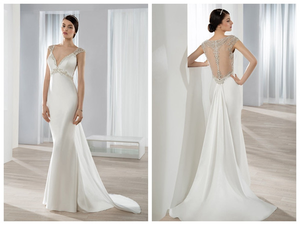 Wedding Dresses Bridal Gowns robe de mariée Demetrios 637 Sheath Ivory Lace Applique V Neck Sheer Back Beads Crystal Custom Made