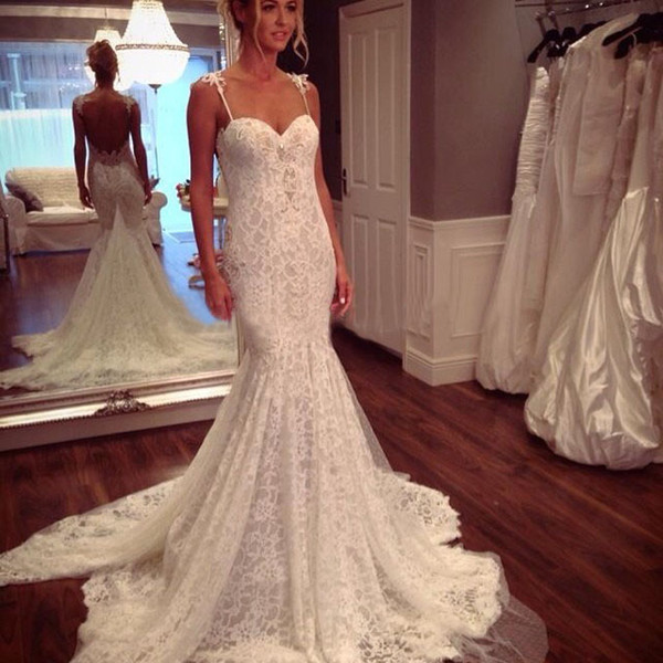 White Vintage Lace Long Wedding Dresses Sweetheart Spaghetti Straps Chapel Train Backless Mermaid 2015 Bridal Gown