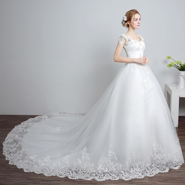 Wedding bride wedding dress new best selling elegant temperament lace straps trailing deep V-neck bridal wedding custom