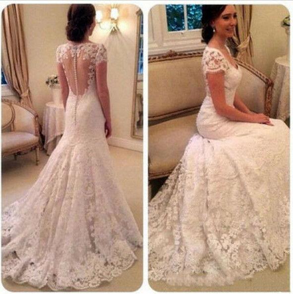 New Arrival Long Wedding Dress V-neck Short Sleeves Court Train Lace Tulle A-Line Bridal Gowns Vestido de noiva longo