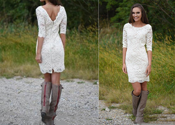 Cheap Scoop Half Sleeves Mini Wedding Party Gowns Custom Made Short Lace Sheath Beach Wedding Dress