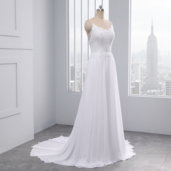 New Arrival Real Photos White Wedding Gown Sheath Spaghetti Straps Chiffon Bridal Gowns Sexy Backless Court Train Lace Wedding Dress
