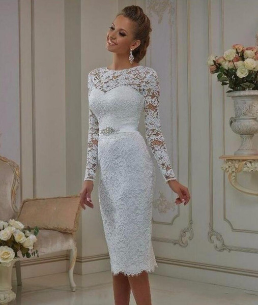 Elegant Knee Length Long Sleeve Wedding Dresses Sheer Neck Crystal Sash Bridal Gowns Lace Appliques Short Wedding Gowns Custom Made