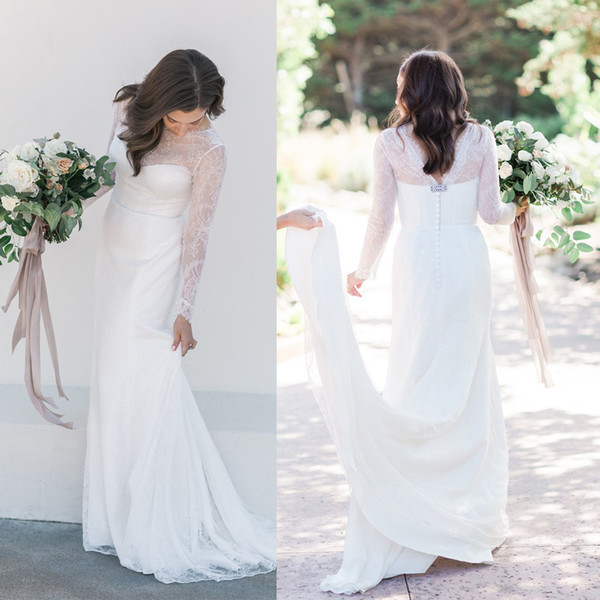 maggieisamazing Wholesale sweetheart lace dress back zipper long sleeve Sheath Wedding Dresses with sweep train XWZ00086
