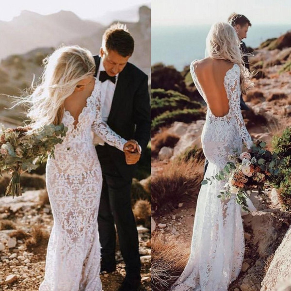 Vintage Country Lace Long Sleeve Mermaid Wedding Dresses Sexy Deep V Neck Backless Wedding Dress Floor Length Boho Bridal Gowns