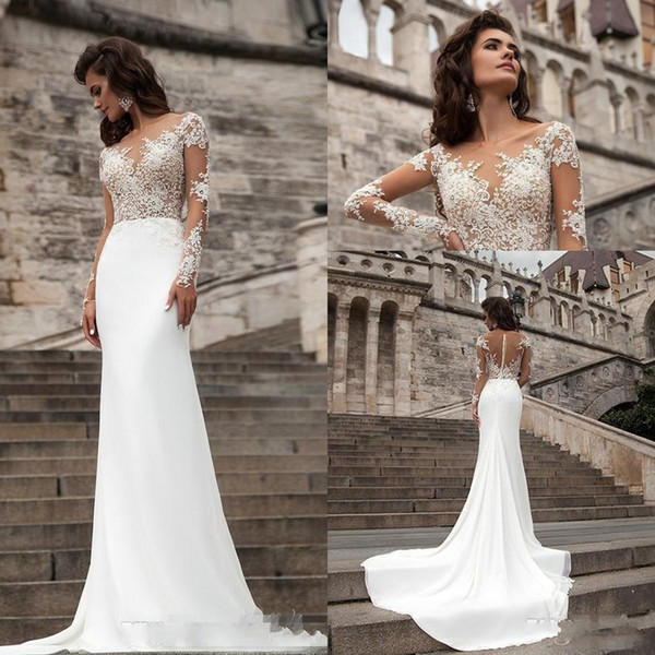 New Long Sleeves Lace Sheath Wedding Dresses Milla Nova Mermaid Sweep Train Sheer Back Bohemian Wedding Dress Plus Size Bridal Gowns