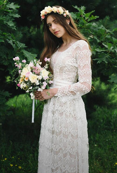 Wedding dress Long Dress Long Sleeve Scoop Lace Zipper White Sheath In the new dress Classic Modern