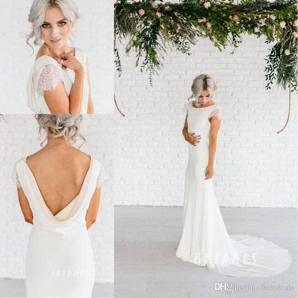 Lace Cap Sleeves Long Sheath Chiffon Wedding Dresses With Cowl Back Simple Elegant Beach Wedding Gowns Court Train Bridal Dresses