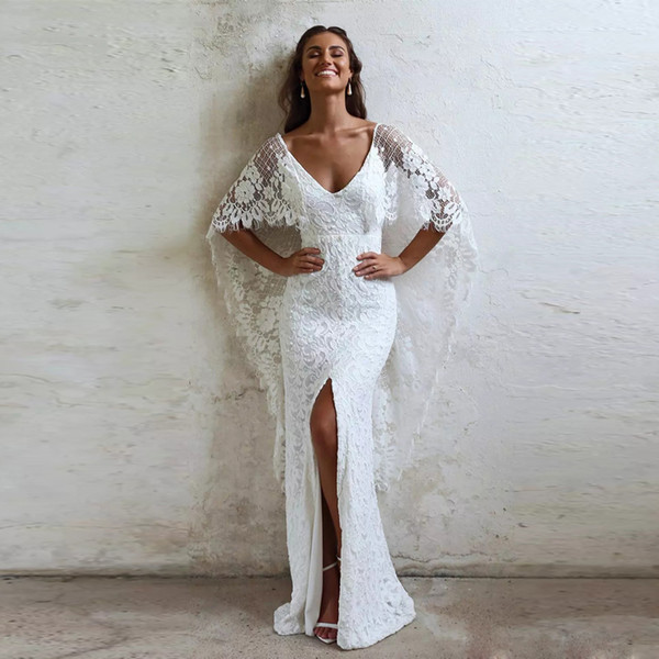 Simple Sheath Full Lace Wedding Dresses with Wrap V-neck Backless Side Split Boho Wedding Dress Floor Length Summer Bridal Gowns