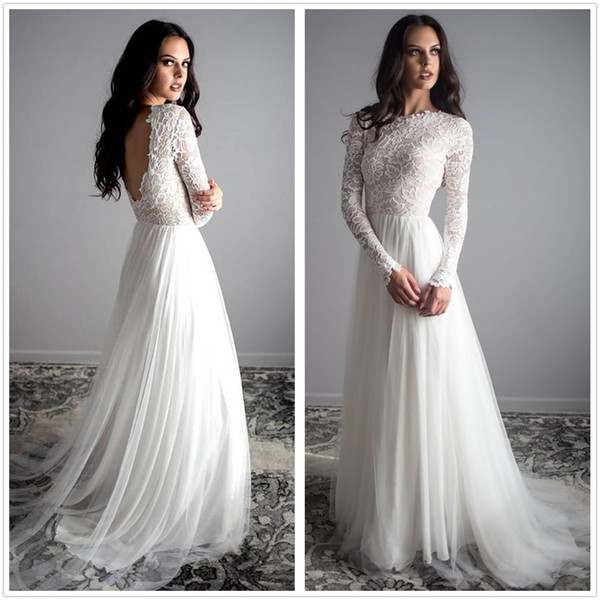 Bohemia Long Sleeves Lace Wedding Dresses Tulle Backless Outdoor Bridal Dresses Vintage Long Wedding Gowns Vestidos De Novia