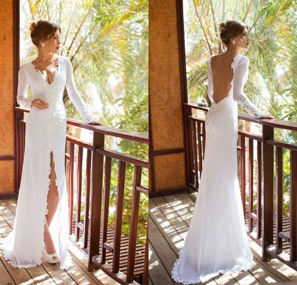 Sexy Backless Sheath Long Sleeve Wedding Dress With Front Split V-Neck Appliques Sweep Train Casamento Da Praia Bridal Wedding Gowns
