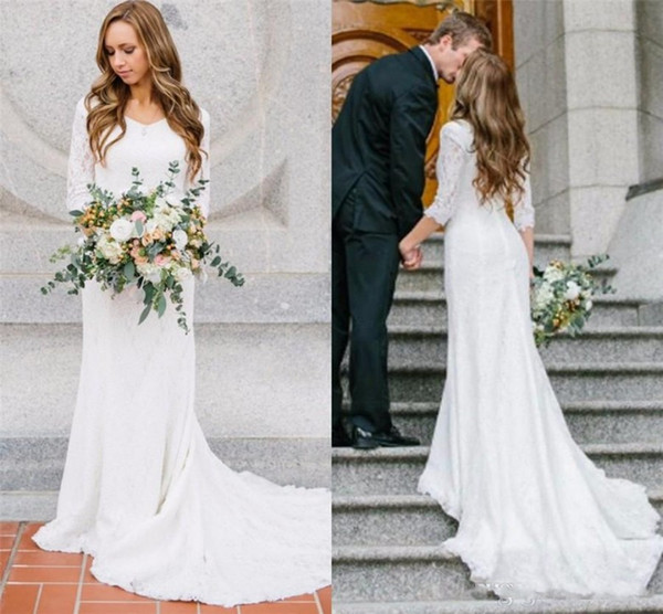 Modest Wedding Dresses With 3/4 Long Sleeves Bohemian Lace Mermaid Bridal Gowns Country Wedding Dress