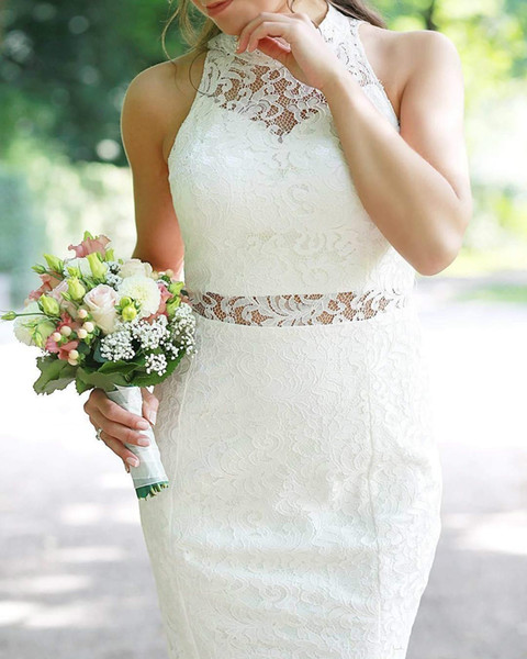 High Neck Sheath Wedding Dresses Short Knee Length Lace Bridal Wedding Gowns Sheer Waist Gorgeous vestido de noiva curto