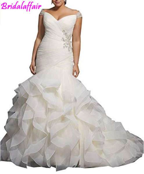 Sweetheart Capped Sleeves Lace-up Beading Layer Organza Mermaid Bridal Dresses vestido de noiva bridal gown luxury wedding dress