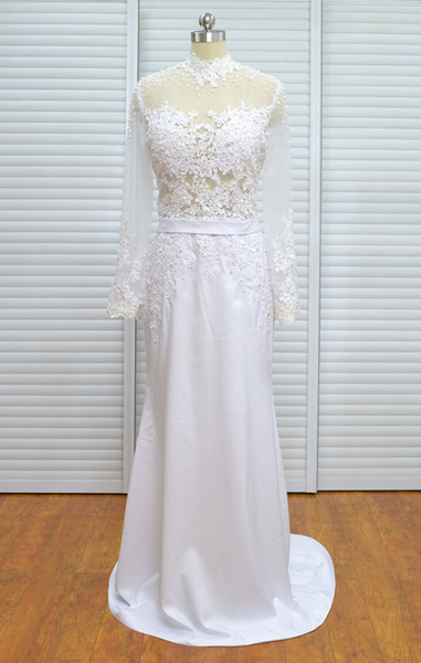 Vinoprom Real Photo Sheath High Neck Long Sleeves Satin Beaded White Ivory Beaded Wedding Dress Bridal Bride Gown