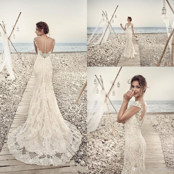 Modern Arabic Mermaid Sheath Wedding Dresses Illusion Cap Sleeves Court Train Lace Appliques Plus Size Sheer Back Formal Bridal Gowns