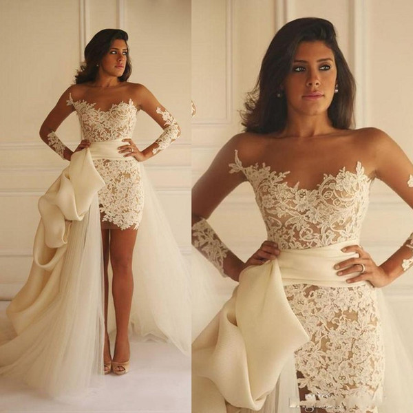 New Wedding Dresses Short Sheath Long Sleeves Detachable Train Appliques Lace Bridal Wedding Gown Bride Dress Bruidsjurken