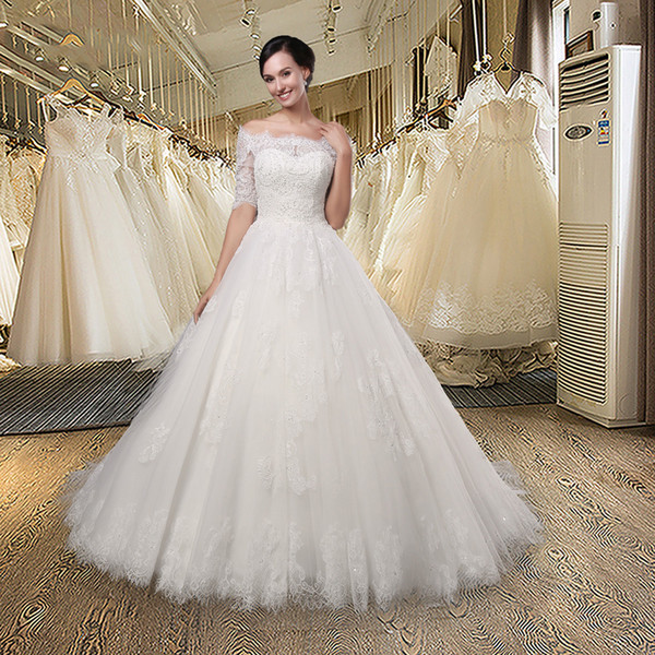 Country Wedding Dresses 2017 Ivory Tulle Appliqued Lace Off The Shoulder Half Sleeves A-line Vintage Bridal Gowns
