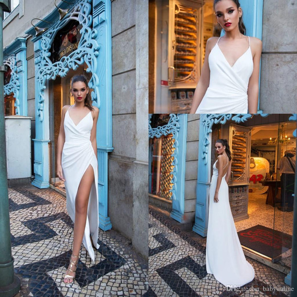New Beach Wedding Dresses Spaghetti Straps Sheath Thigh-High Slits Backless Country Wedding Gowns