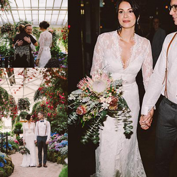 Sheath Wedding Dresses Kate Middleton in Jenny Packham Lace Boho Long Sleeve with Belt Elegant V-neck Full Back country Bridal Wedding Gowns