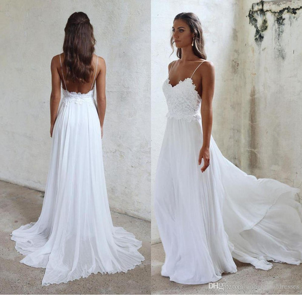 Sexy Spaghetti Straps Beach Wedding Dress Cheap Long Chiffon Bridal Gowns Backless Lace Appliqued Sheath Wedding Gowns